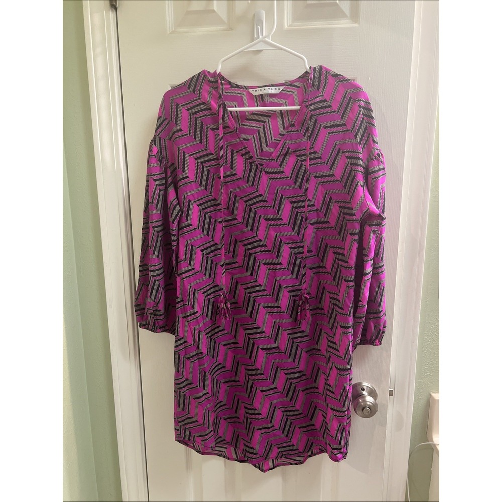 Trina Turk Dress Sz 2 Women's Pink Black Silk Sheath Elegant Work Church Shirt